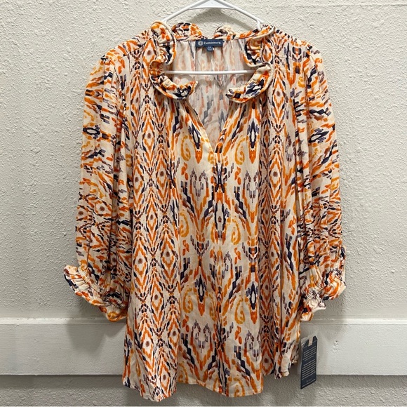 Democracy Below Elbow Sleeve Curl Edge Ruffle Neck Woven Top Orange NWT 1X - Picture 4 of 9